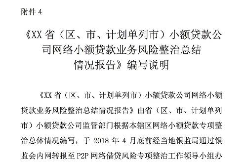 《XX省（区、市、计划单列市）小额贷款公司网络小额贷款业务风险整治总结情况报告》的编写，由各省（区、市、计划单列市）小额贷款公司监管部门需于2018年4月底前报送。