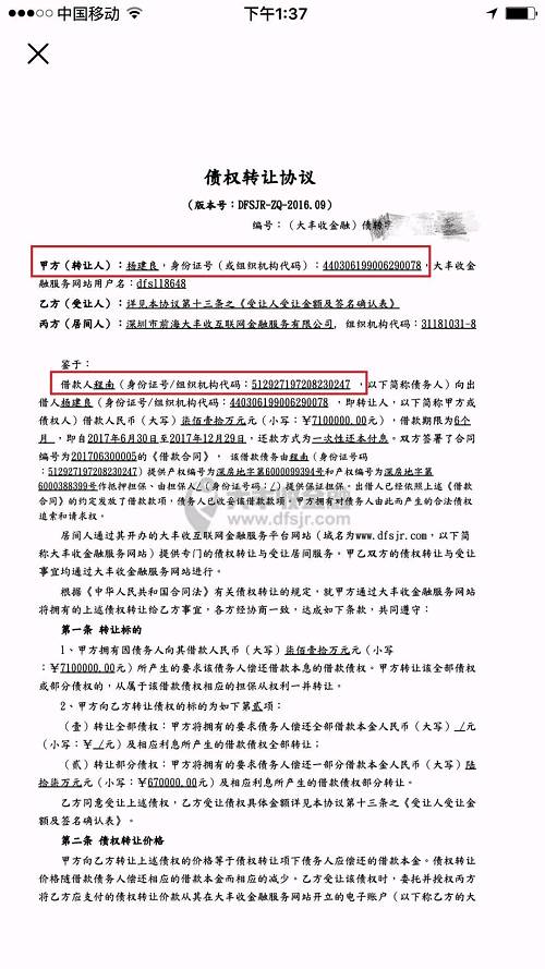 投资人购买“杨建良与程南710万债权”的《债权转让协议》，通过对比身份证号与借款金额后，发现“杨某某”疑与杨建良为同一人