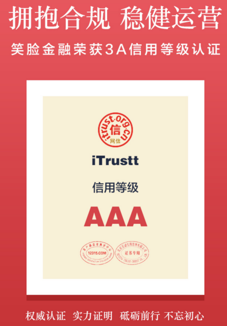 笑脸金融荣获AAA级企业信用 合规备案进程再上层楼