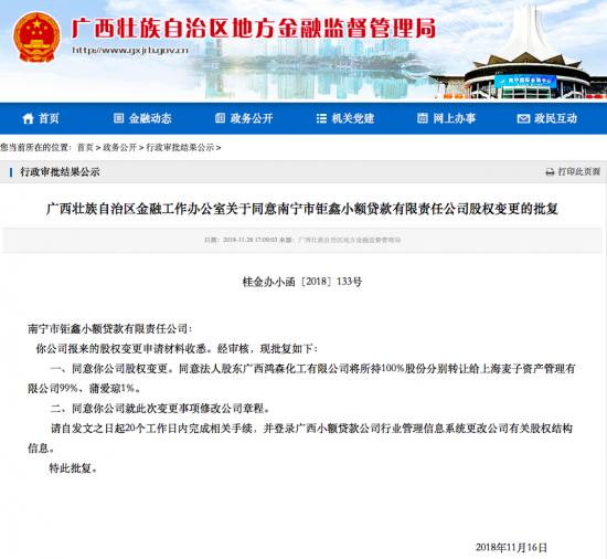 麦子金服母公司收购钜鑫小贷